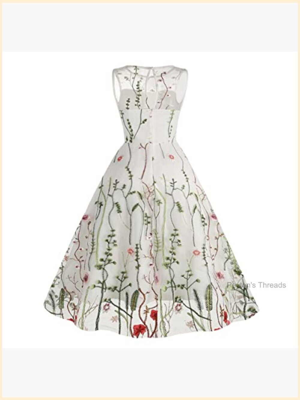 Keyhole Floral Embroidery Sheer Mesh Illusion Vintage Cocktail Swing Tulle Dress - Picture 4 of 7